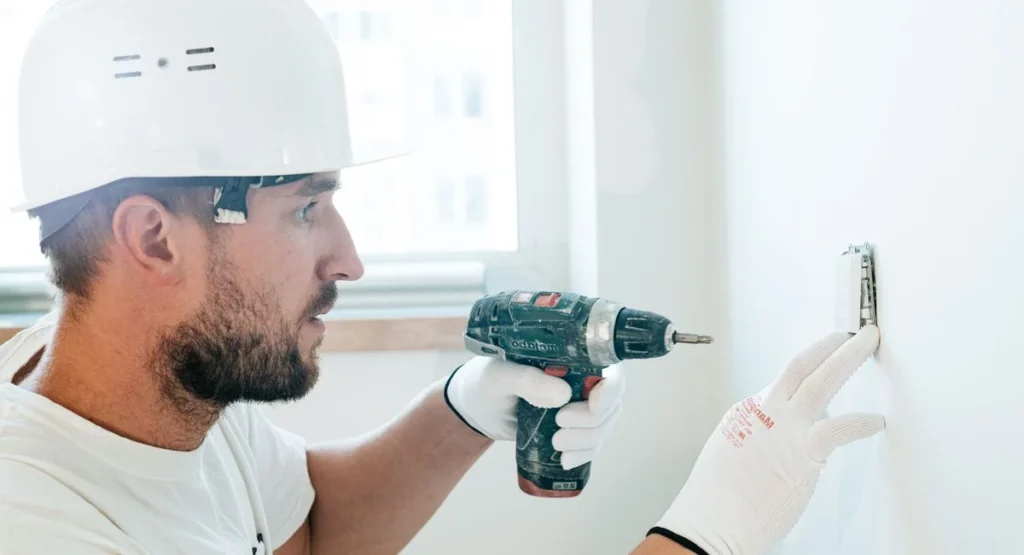 Handwerker bohrt Dübelloch in Betonwand für Wandregal-Montage