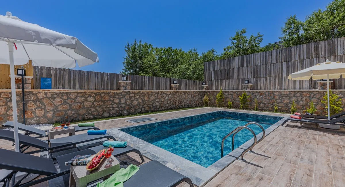 Illustration, artengestaltung mit pool und terrasse